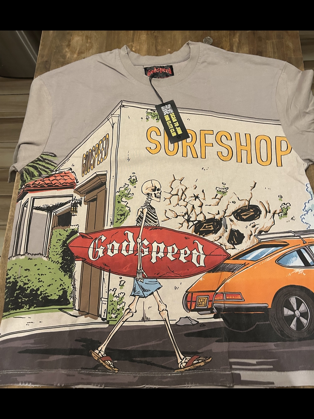 Godspeed Surfshop Graphic Tee - Light Beige with Orange & Red Print
